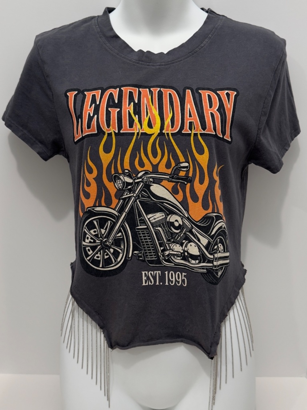 Ruby & Lace Legendary Motorcycle Graphic Tee Chain Fringe Handkerchief Hem LARGE
